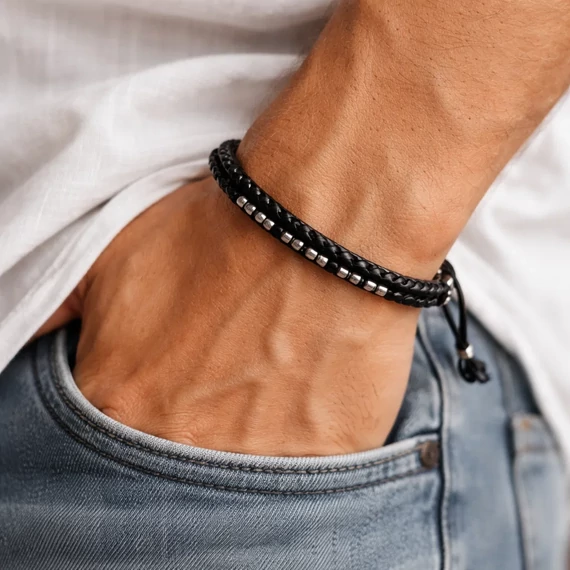 Morze acél-bőr szeretlek férfi karkötő