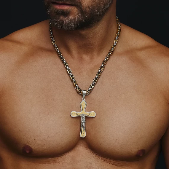Kétszínű acél férfi kereszt nyaklánc nyakban