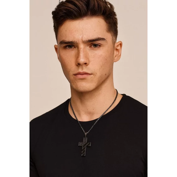 Acél férfi fekete keresztes nyaklánc nyakban