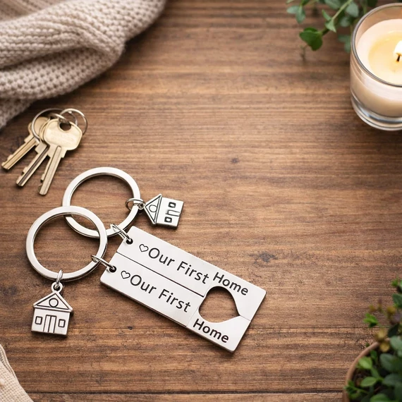 Első közös otthonunk acél páros kulcstartó asztalon