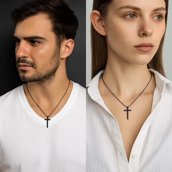 Fekete acél kereszt nyaklánc nyakban